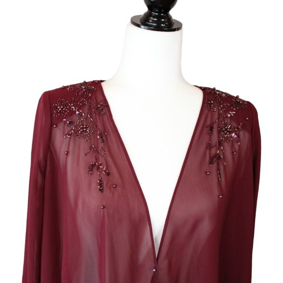 Tradition Beaded Over Blouse Size 8 Shoulder Pad Red Maroon Sheer High Low CA303 - Picture 3 of 13